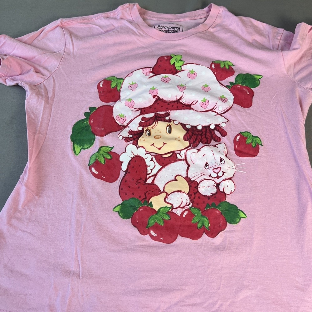 NWOT OFFICUAL Strawberry Shortcake Tshirt Pink XL Printed Both Side Custard Cat